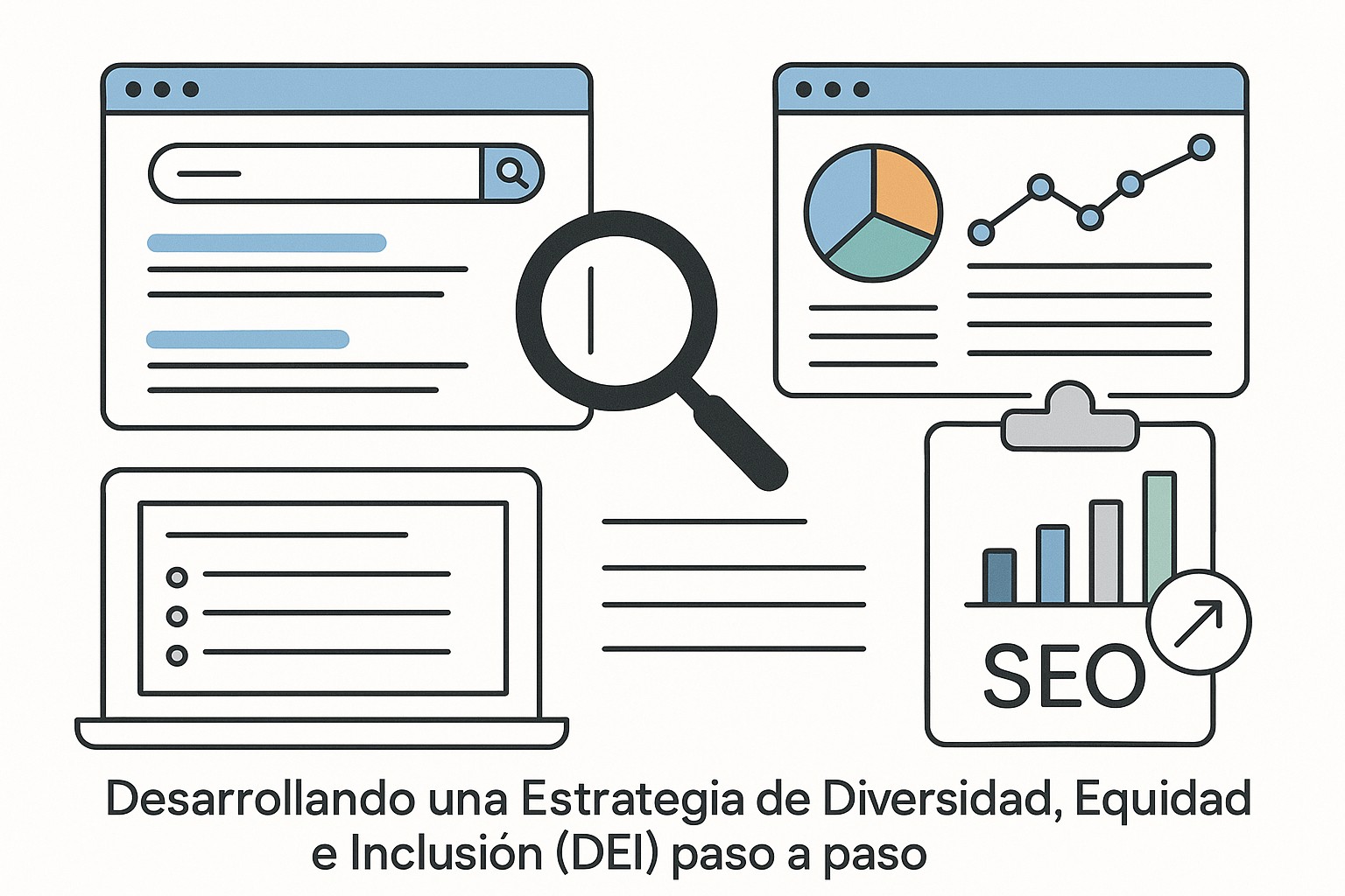 Un equipo diverso de profesionales de RRHH y líderes empresariales colaborando en la creación de una estrategia DEI, mostrando diferentes perspectivas