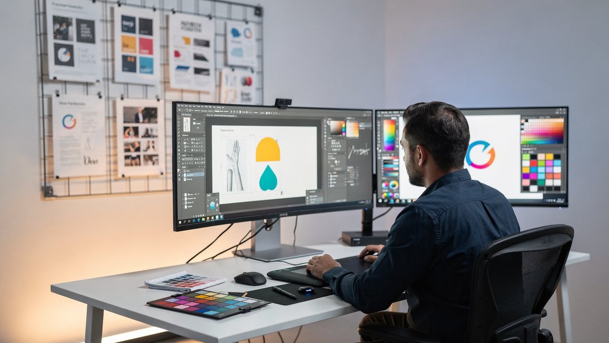 Dise&ntilde;ador gr&aacute;fico trabajando con Photoshop, Illustrator y paleta de colores profesional