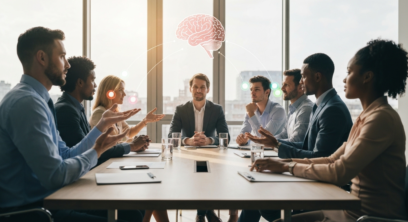 Team meeting shows diverse personalities communicating effectively with color-coded personality auras.