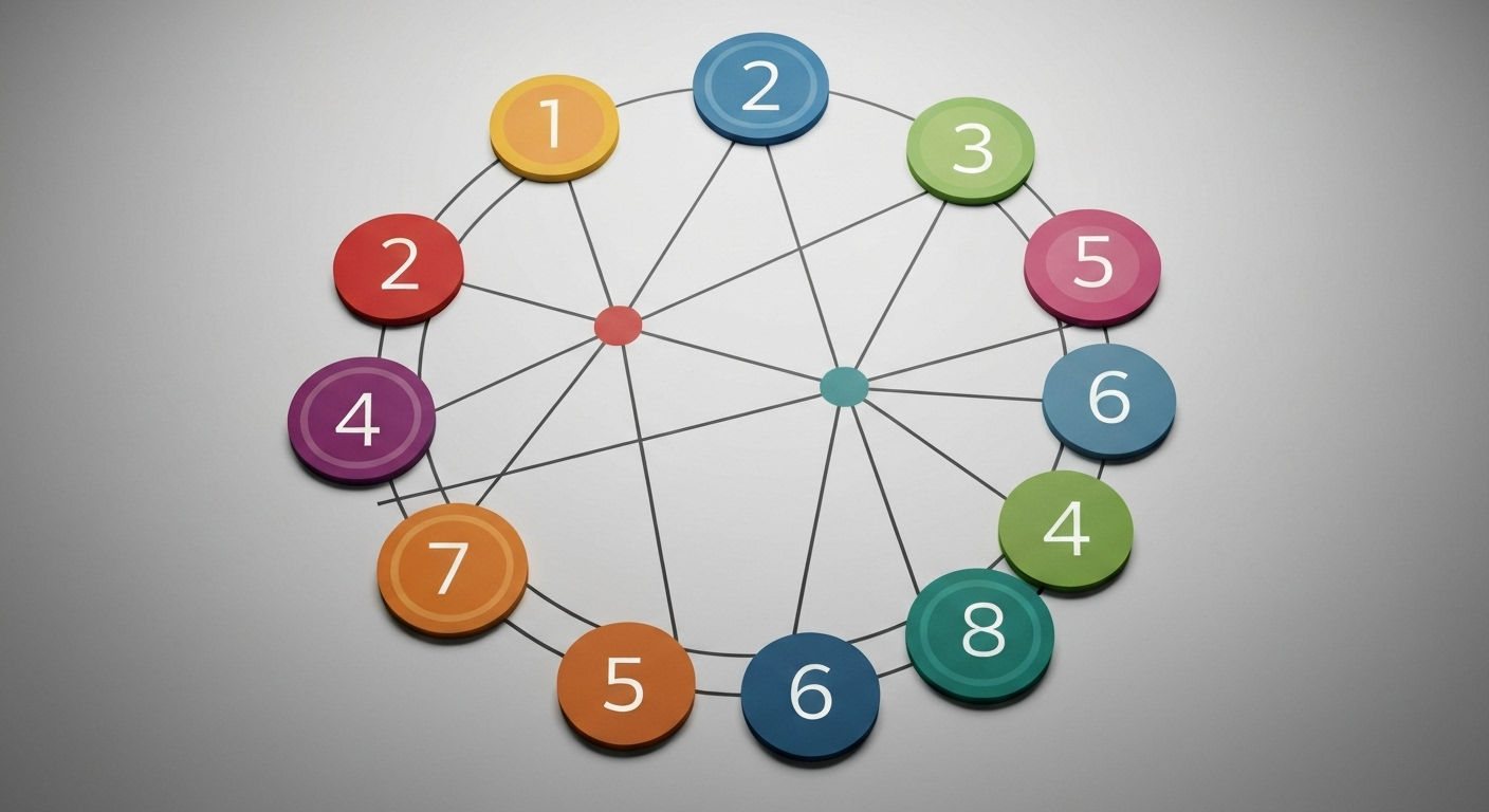 Enneagram diagram showing nine interconnected personality types represented by numbered, colored shapes.