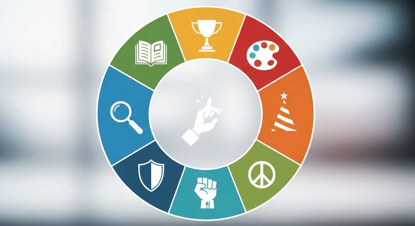 Nine-segment enneagram diagram with icons representing personality types, suggesting self-discovery.
