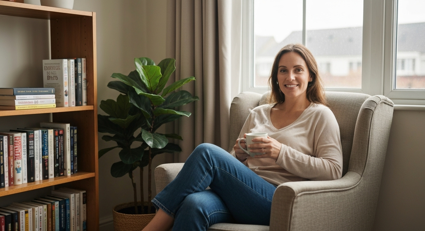 A woman smiles warmly, holding a mug in a cozy setting, conveying self-discovery.