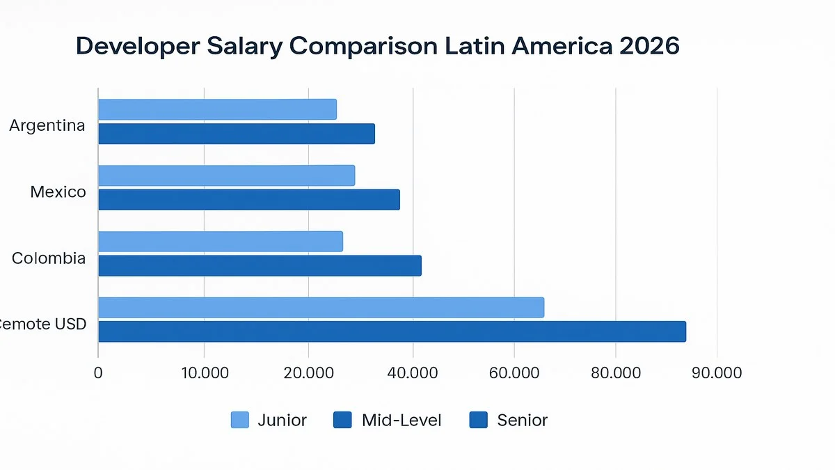 Gr&aacute;fico comparativo de salarios de desarrolladores full stack en Am&eacute;rica Latina 2026: barras por pa&iacute;s (Argentina, M&eacute;xico, Colombia) mostrando rangos junior-mid-senior en moneda local y equivalentes en d&oacute;lares para trabajo remoto