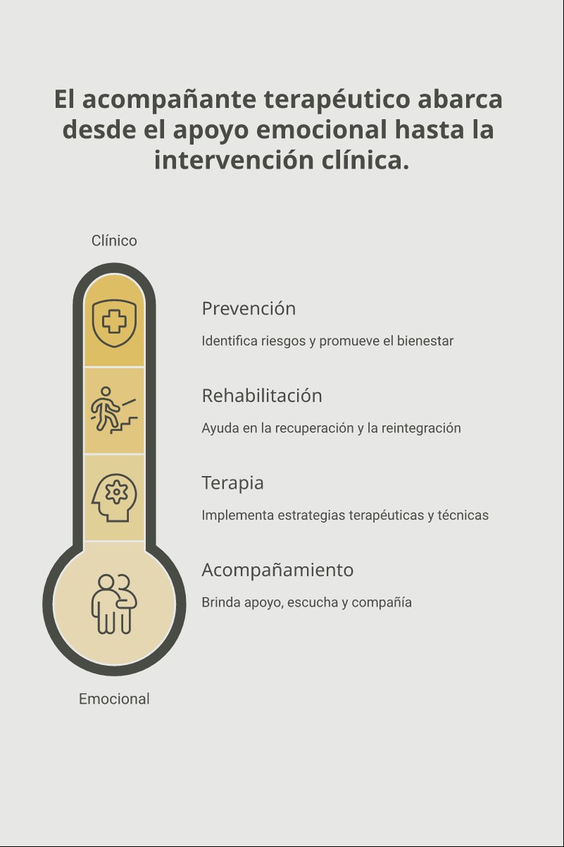Esquema conceptual con las cuatro áreas principales de las funciones del acompañante terapéutico: contención, autonomía, socialización e interdisciplina.