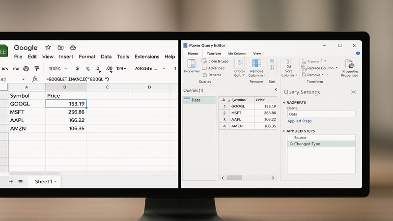 Comparación de dos pantallas lado a lado: Google Sheets con función GOOGLEFINANCE mostrando cotización en tiempo real, y Excel con Power Query editor transformando datos de múltiples fuentes