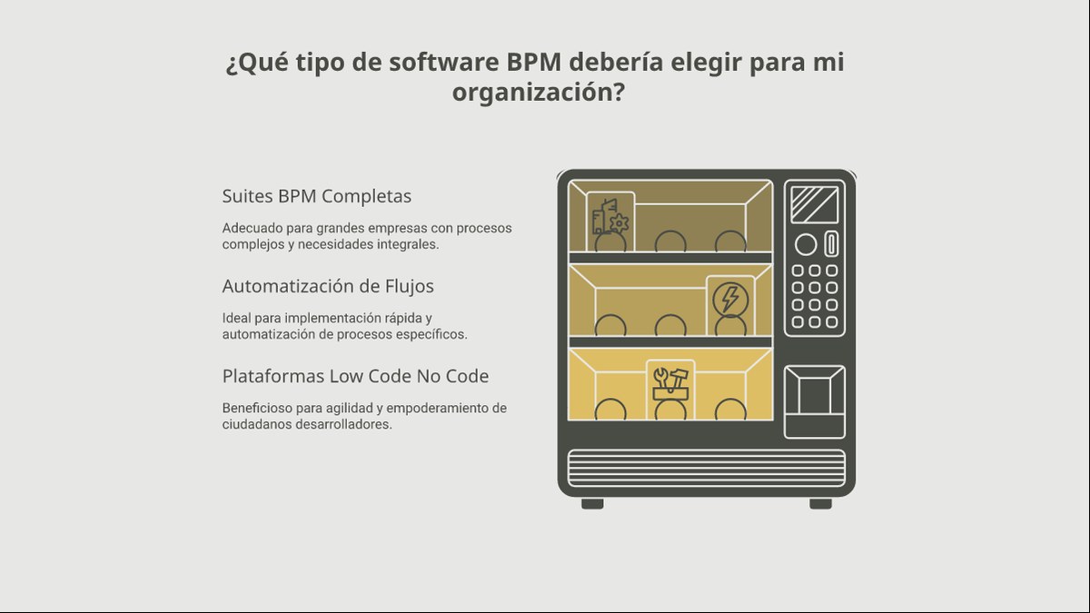 Infografía comparando tipos de software BPM: BPMS completas, automatización de flujos de trabajo y plataformas Low-Code/No-Code
