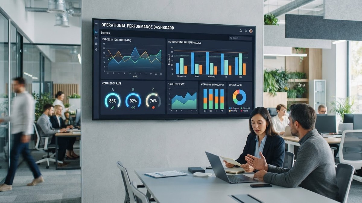Panel de control de software BPM mostrando métricas de rendimiento y eficiencia de procesos. Gráficos de barras y circulares con datos de productividad.