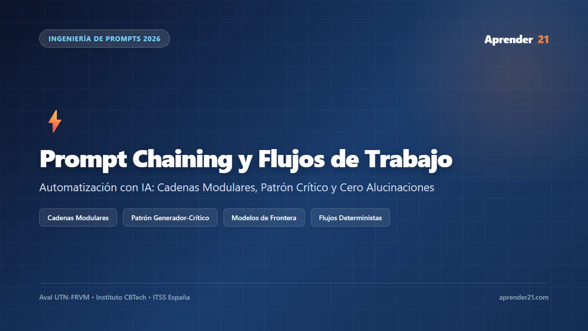 Arquitectura de Prompt Chaining y flujos de trabajo con inteligencia artificial en pantalla ejecutiva