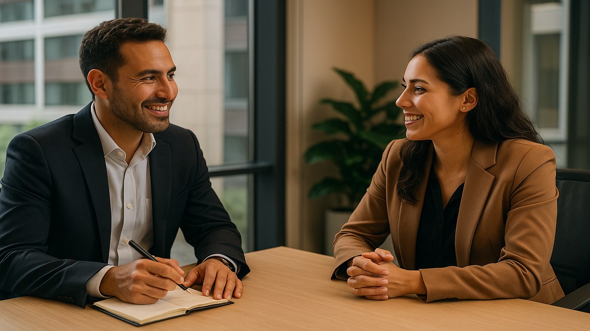 Coach de PNL trabajando con un cliente en sesión de coaching individual, oficina moderna, ambiente de confianza y comunicación no verbal efectiva